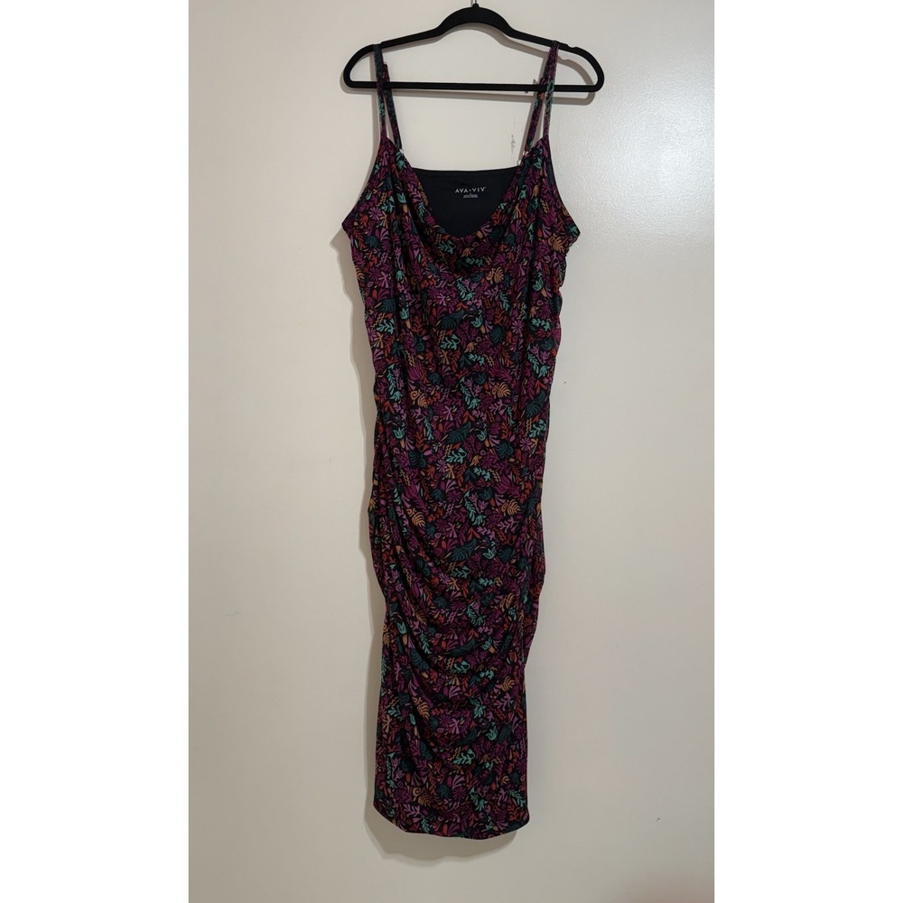 Ava & Viv Women's‎ Black Floral Print Lined Mesh Spaghetti Ruched Dress 2X
